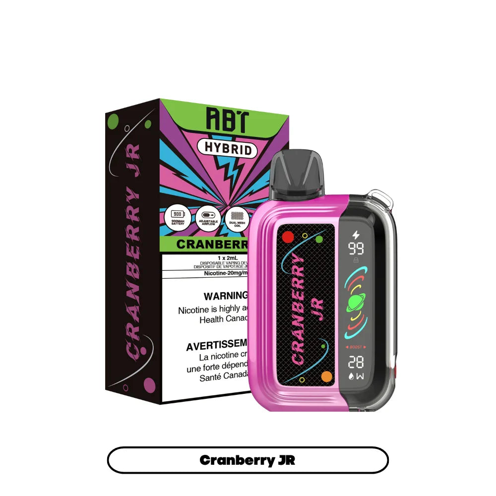 ABT Hybrid Cranberry JR disposable vape device with a pink and black shell featuring a digital display screen, positioned next to its colorful branded packaging.