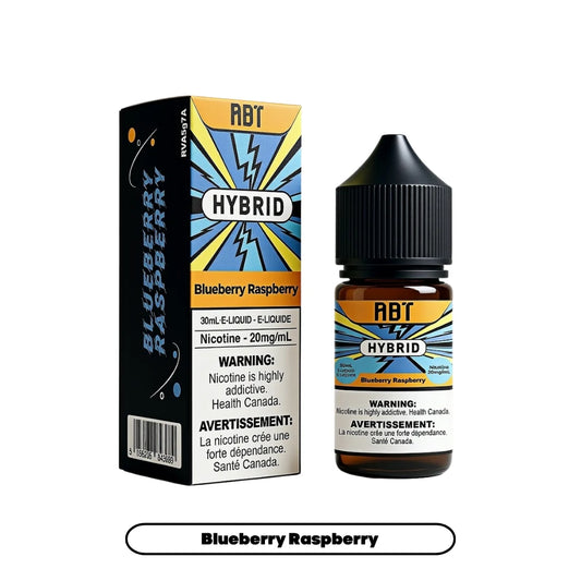 A 30mL bottle of ABT Hybrid Blueberry Raspberry e-liquid stands next to its matching yellow, blue, and black cardboard packaging, both featuring the product name, a lightning bolt graphic, and bilingual nicotine health warnings.