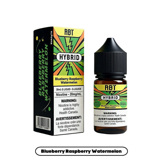 A 30mL bottle and cardboard box of ABT Hybrid Blueberry Raspberry Watermelon e-liquid featuring green and orange lightning bolt graphics and a 20mg/mL nicotine warning label.