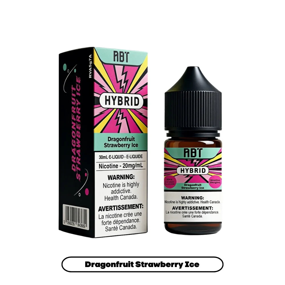 ABT Hybrid Dragonfruit Strawberry Ice e-liquid bottle and matching box featuring a vibrant pink, yellow, and teal lightning bolt design with 20mg/mL nicotine warning labels.