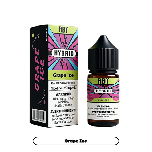 A 30mL bottle of ABT Hybrid Grape Ice e-liquid stands next to its matching black and vibrant pink-and-teal box, both featuring the product name, a 20mg/mL nicotine strength, and bilingual health warning labels against a plain white background.