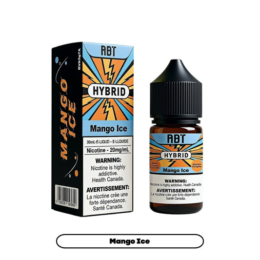 A 30mL bottle and matching box of ABT Hybrid Mango Ice e-liquid featuring blue, orange, and black packaging with a lightning bolt graphic and health warning labels.