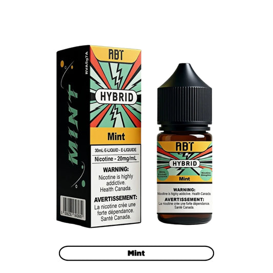 A 30mL bottle of ABT Hybrid Mint e-liquid stands next to its matching black, yellow, and green cardboard packaging, both featuring a lightning bolt graphic and mandatory Health Canada nicotine warning labels against a plain white background.