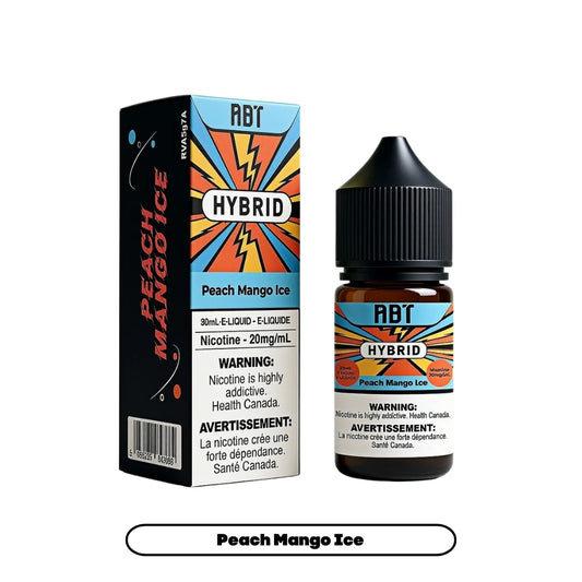 A 30ml bottle of ABT Hybrid Peach Mango Ice e-liquid stands next to its matching rectangular cardboard box, both featuring a vibrant blue, orange, and yellow comic-book style lightning bolt design against a black background with prominent Health Canada nicotine warning labels.