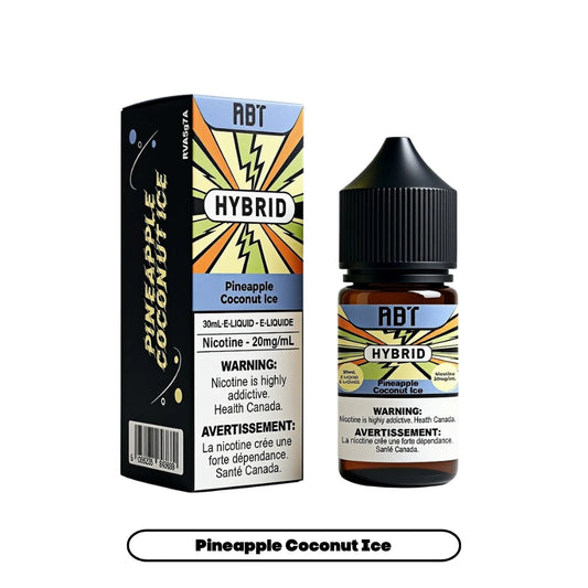 A 30mL bottle of ABT Hybrid Pineapple Coconut Ice e-liquid stands next to its matching rectangular cardboard packaging, both featuring a yellow and orange comic-book style sunburst design on a blue background with prominent health warning text.