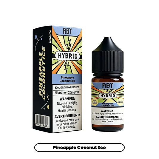 A 30mL bottle and cardboard box of ABT Hybrid Pineapple Coconut Ice e-liquid featuring a black, blue, and yellow sunburst design with a 20mg/mL nicotine warning label.