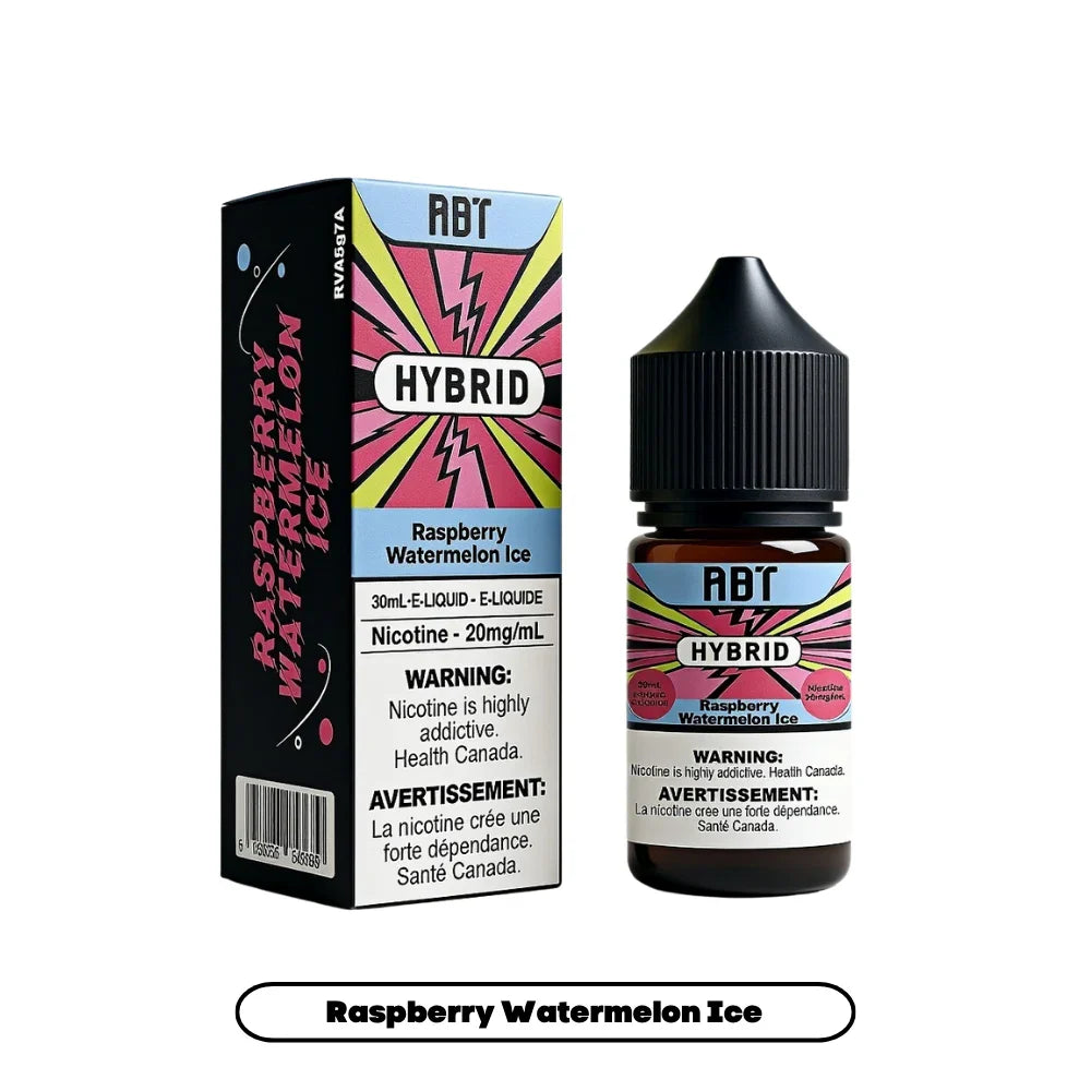 A 30mL bottle and matching box of ABT Hybrid Raspberry Watermelon Ice e-liquid featuring pink and yellow lightning bolt graphics on a light blue background.