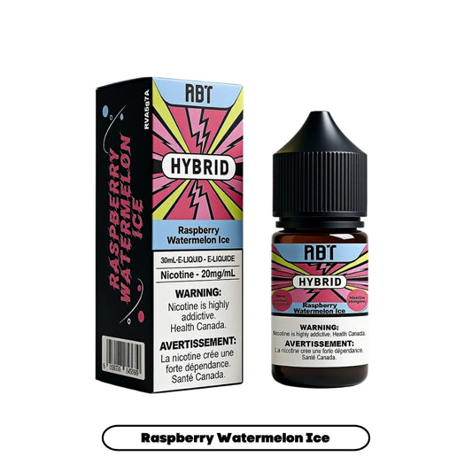 A 30mL bottle of ABT Hybrid Raspberry Watermelon Ice e-liquid stands next to its matching rectangular cardboard box, both featuring a vibrant pink and yellow lightning bolt design with clear health warning text in English and French.
