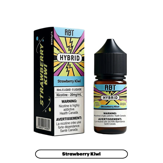 A 30mL bottle and matching box of ABT Hybrid Strawberry Kiwi e-liquid featuring a colorful lightning bolt design and a 20mg/mL nicotine warning label.