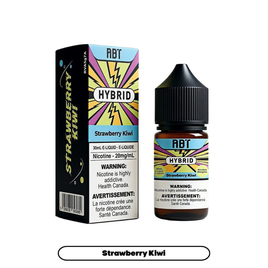 A 30ml bottle of ABT Hybrid Strawberry Kiwi e-liquid stands next to its matching rectangular black and colorful graphic packaging, both featuring the product name, a 20mg/mL nicotine warning, and Health Canada labeling against a plain white background.