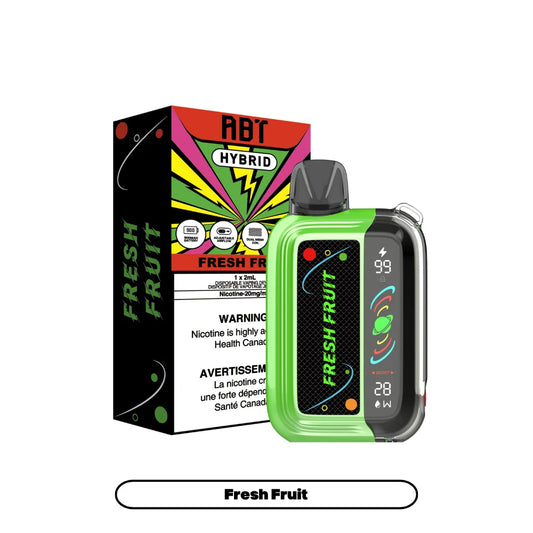 An ABT Hybrid Fresh Fruit disposable vape device with a digital display showing 99 percent battery and 28 watts, positioned next to its matching black and neon-colored packaging box.