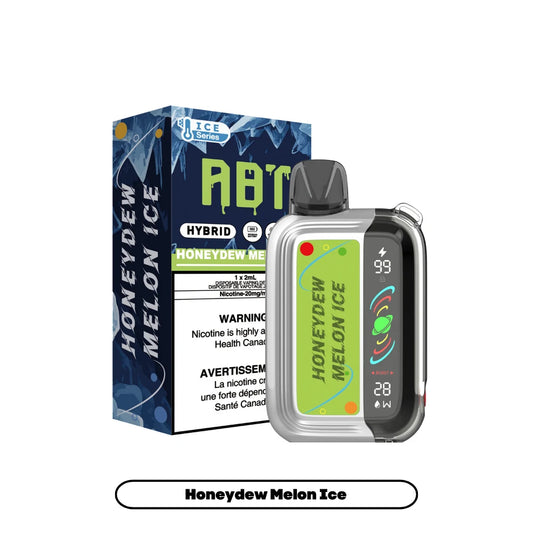 An ABT Hybrid Honeydew Melon Ice disposable vape device stands next to its matching blue and white packaging box, featuring a digital display screen showing battery and power settings against a green and silver metallic body.