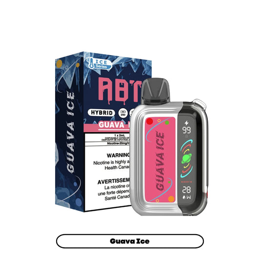 An ABT Hybrid Guava Ice disposable vape device stands next to its matching blue and white packaging box, featuring a digital display screen showing battery and power levels against a clear, metallic-trimmed body.