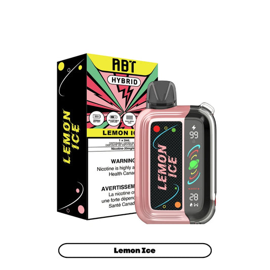 An ABT Hybrid Lemon Ice disposable vape device in a pink and black finish stands next to its matching product box, which features a vibrant yellow, pink, and green graphic design with clear text including 900mAh battery, adjustable airflow, and dual mesh coil specifications.