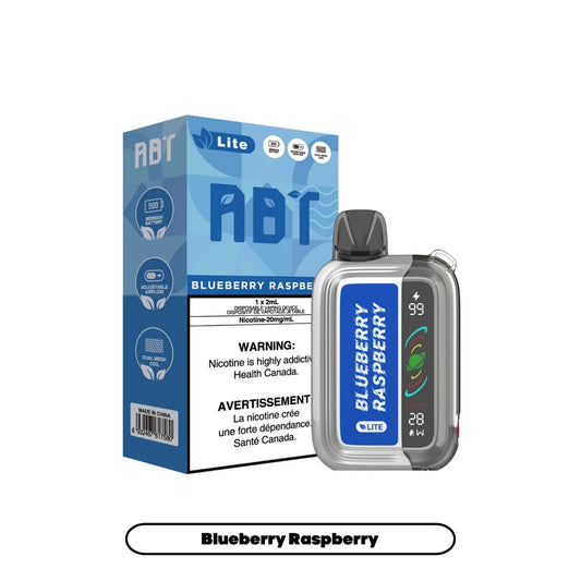 An ABT Lite disposable vape device in silver and blue sits next to its matching blue and white cardboard packaging, both labeled Blueberry Raspberry with a 20mg/mL nicotine concentration and featuring icons for a 900mAh battery, adjustable airflow, and dual mesh coil.