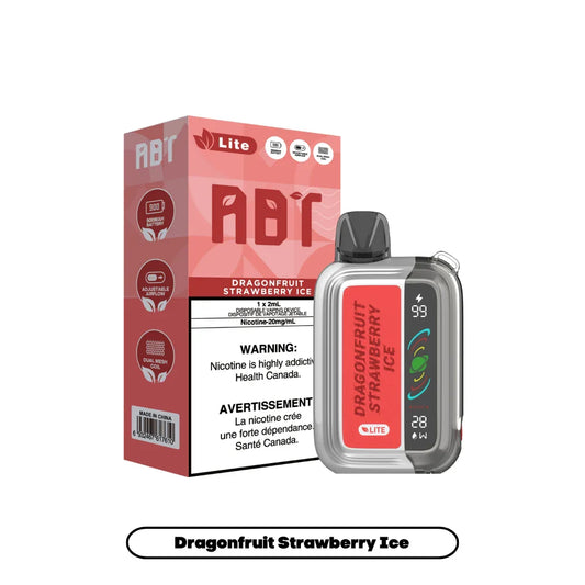 ABT Lite Dragonfruit Strawberry Ice disposable vape device with a digital display screen next to its pink and white retail packaging.