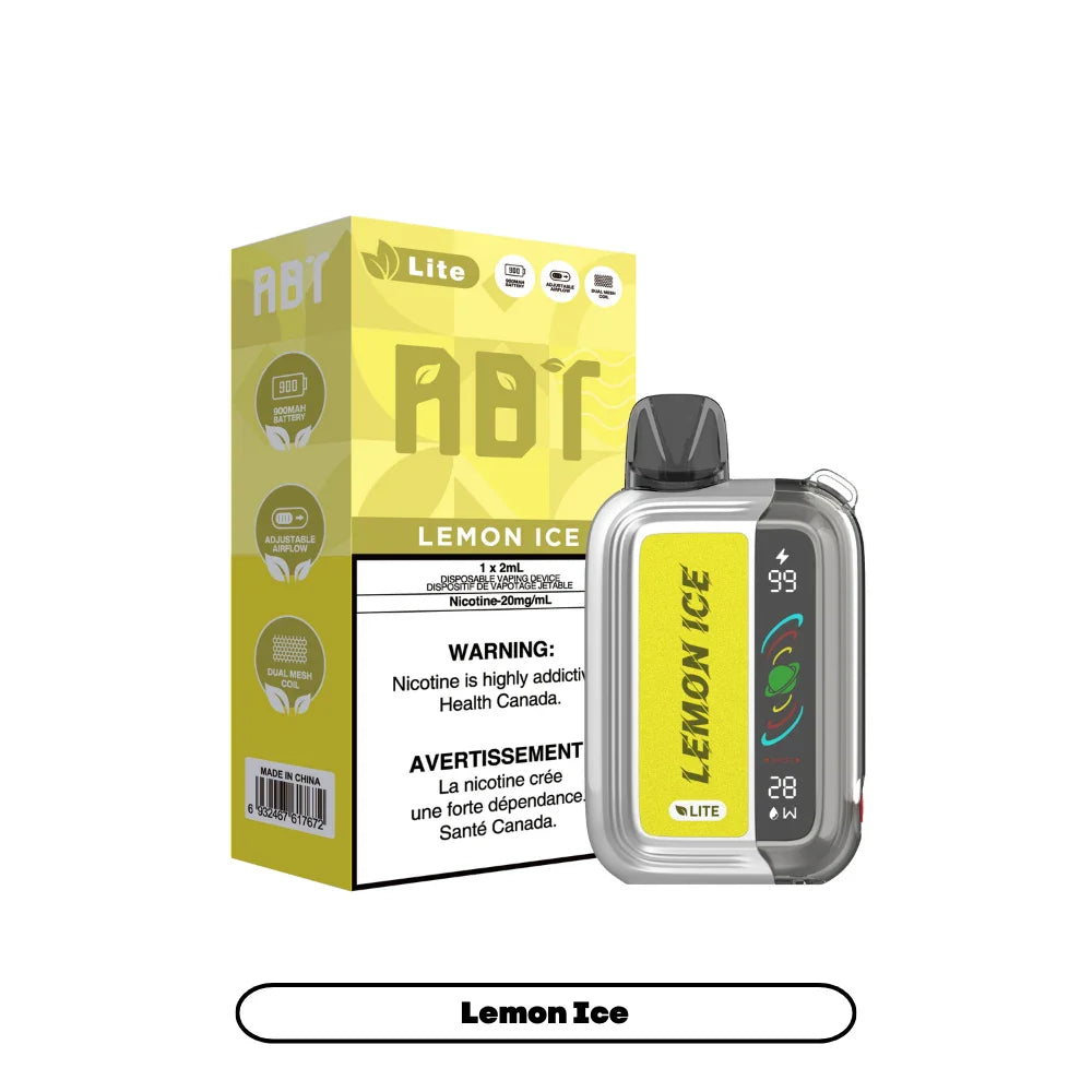 ABT Lite Lemon Ice disposable vape device with a clear and silver casing featuring a digital display screen next to its yellow and white branded packaging.