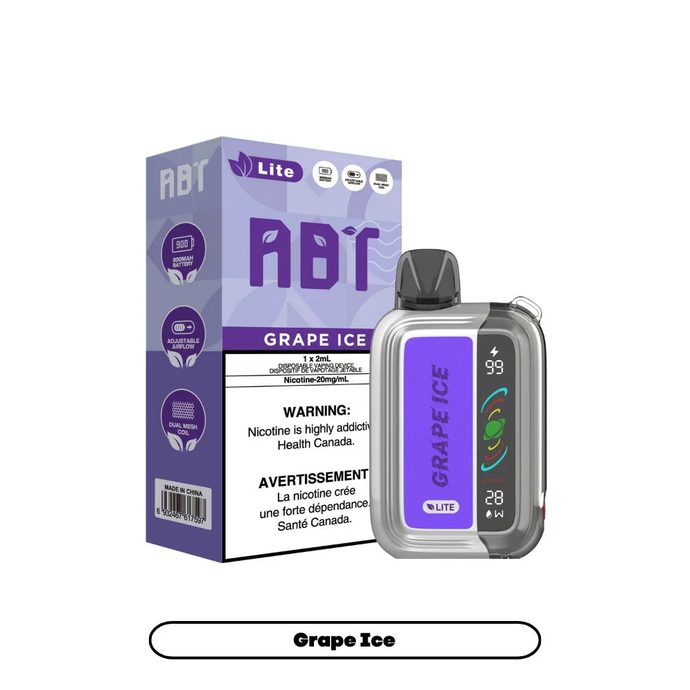 ABT Lite Grape Ice disposable vape device with a digital display screen next to its purple and white retail packaging.