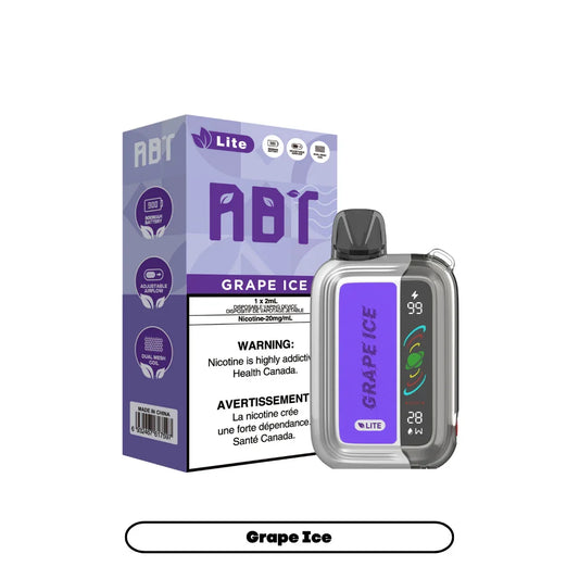 ABT Lite Grape Ice disposable vape device with a digital display screen next to its purple and white retail packaging.