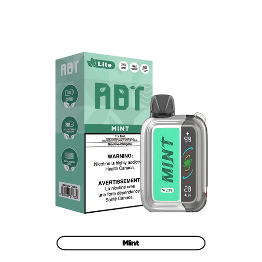 An ABT Lite disposable vape device in mint green and silver sits next to its matching mint-colored retail box, which features a 900mAh battery, adjustable airflow, and dual mesh coil branding with clear nicotine warning labels in English and French.