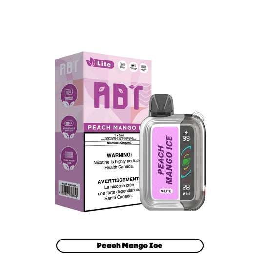 An ABT Lite disposable vape device in silver and pink sits next to its matching product box, featuring a Peach Mango Ice flavor label, a digital display showing 99 percent battery and 28 watts, and dual mesh coil branding against a plain white background.