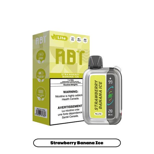 An ABT Lite disposable vape device in Strawberry Banana Ice flavor stands next to its matching yellow and white product box, featuring a clear plastic casing, a digital display showing battery and power levels, and bilingual health warnings printed on the packaging.