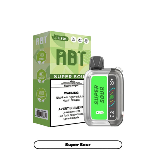An ABT Lite Super Sour disposable vape device stands next to its green and white packaging box, which displays product features, a 20mg/mL nicotine warning, and a 900mAh battery icon against a plain white background.