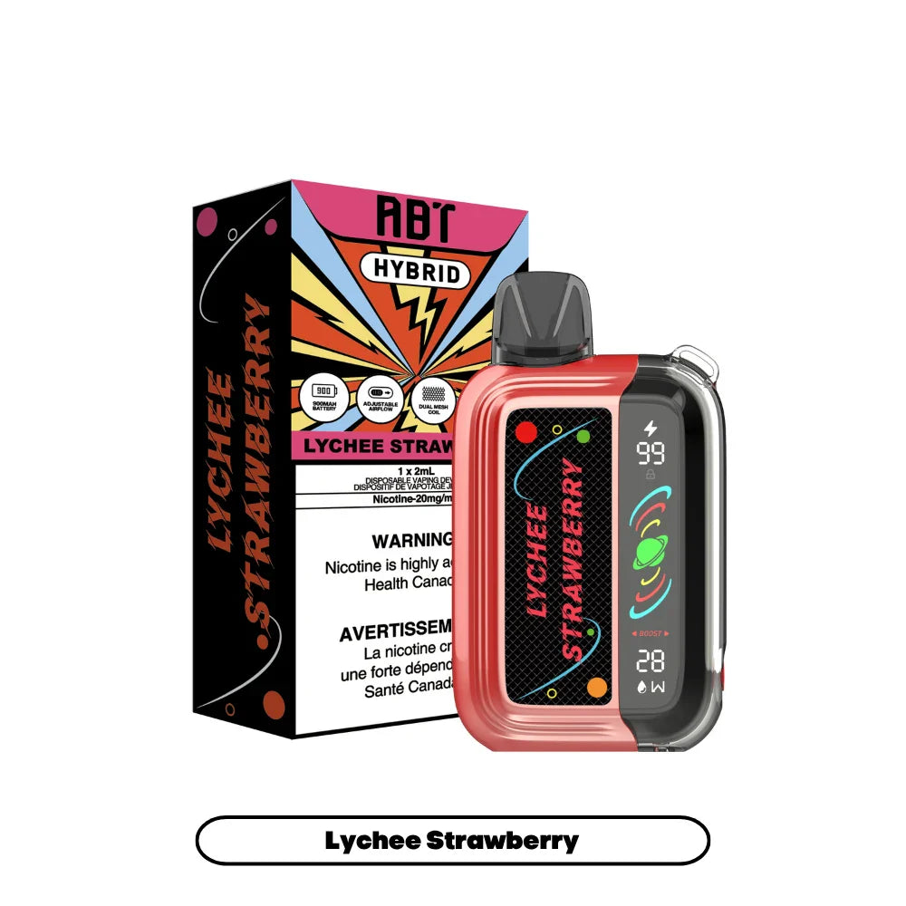 ABT Hybrid Lychee Strawberry disposable vape device with a red and black translucent shell featuring a digital display screen next to its colorful illustrated packaging.