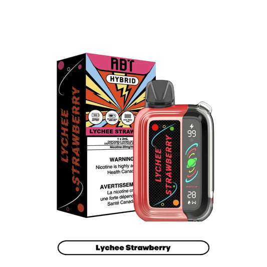 An ABT Hybrid Lychee Strawberry disposable vape device stands next to its matching black and colorful graphic packaging, featuring a digital display showing a 99 percent battery level and 28 watts power setting.