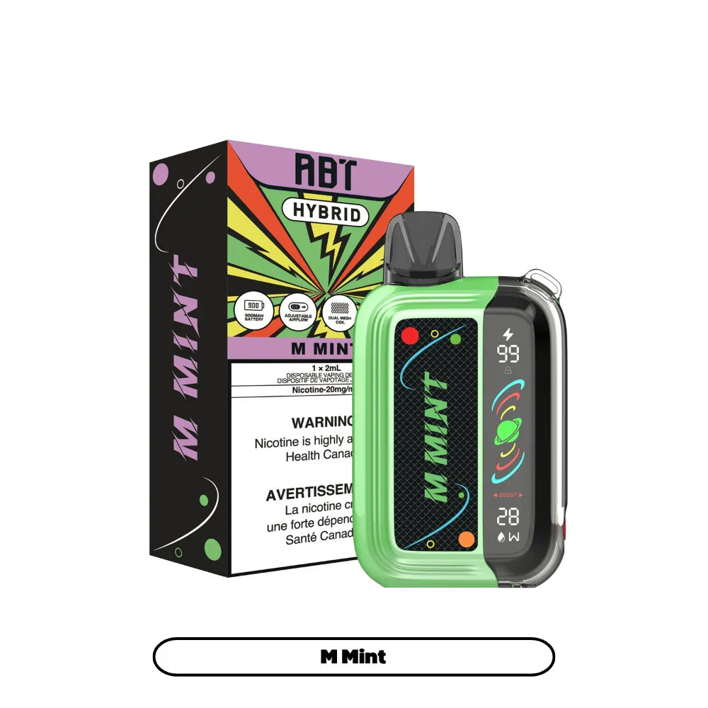ABT Hybrid M Mint disposable vape featuring a green and black device with a digital display screen next to its colorful M Mint branded packaging.