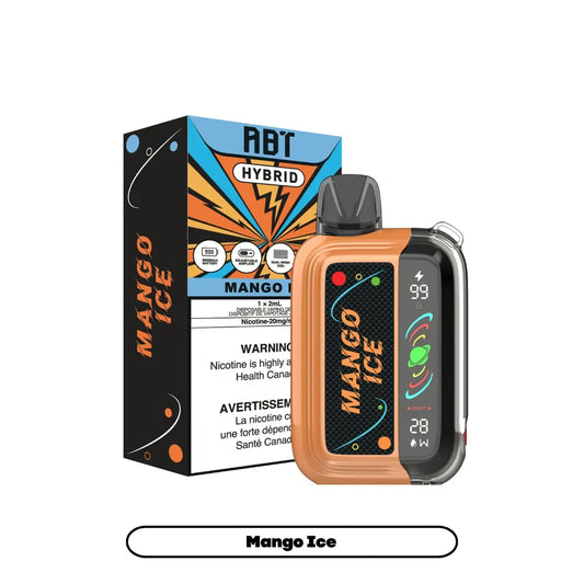 ABT Hybrid Mango Ice disposable vape device with an orange and black shell featuring a digital display screen next to its colorful branded packaging.