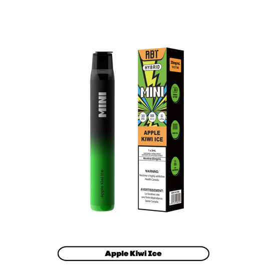 An ABT Hybrid Mini disposable vape pen in a black and green gradient finish stands next to its matching product packaging, which features the flavor name Apple Kiwi Ice, a 20mg/mL nicotine strength label, and technical specifications against a white background.