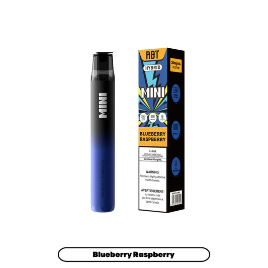 An ABT Hybrid Mini disposable vape pen in a blue and black gradient finish stands next to its matching rectangular product box, which features the flavor name Blueberry Raspberry, a 20mg/mL nicotine strength label, and technical specifications against a blue and yellow graphic background.