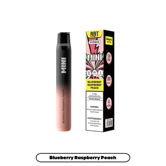 A black and peach gradient ABT Mini disposable vape stands next to its matching product box, which features a pink lightning bolt design, flavor text for Blueberry Raspberry Peach, and a 20mg/mL nicotine warning label against a plain white background.