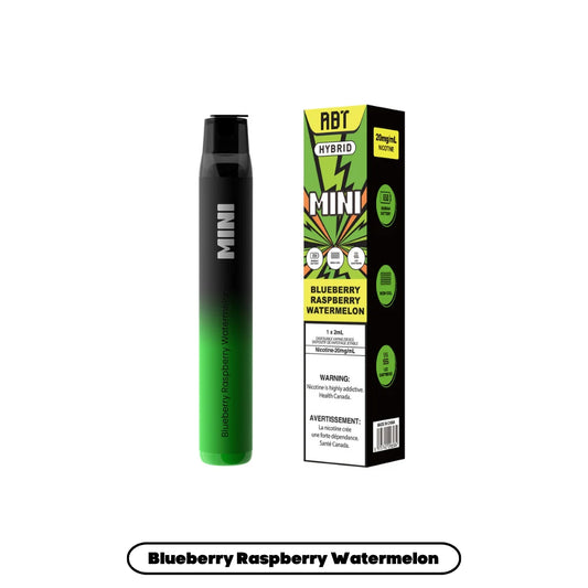 An ABT Hybrid Mini disposable vape pen in a black and green gradient finish stands next to its matching retail box, which features the flavor name Blueberry Raspberry Watermelon and nicotine strength of 20mg/mL printed on a green and black graphic background.