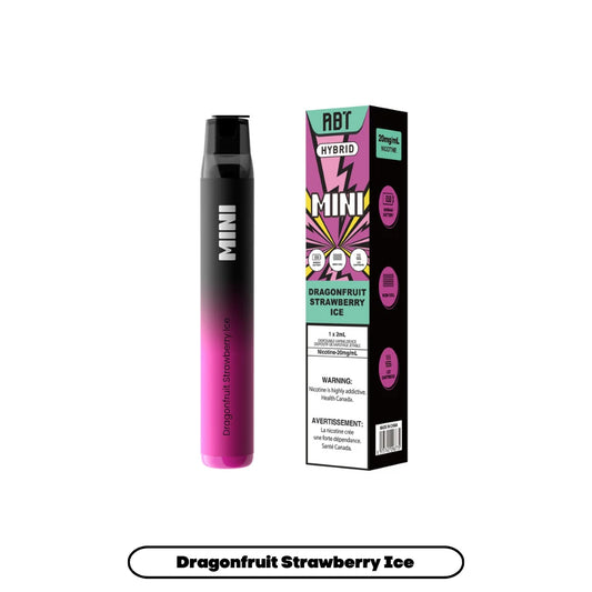 ABT Hybrid Mini disposable vape pen in a gradient black and pink finish next to its matching product packaging featuring the flavor name Dragonfruit Strawberry Ice and nicotine strength of 20mg/mL.