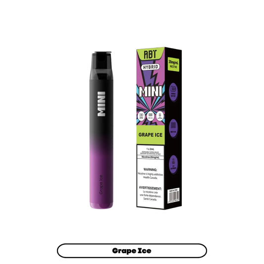 ABT Hybrid Mini Grape Ice disposable vape pen standing next to its vertical product packaging, featuring a black and purple gradient design with clear branding and nicotine warning labels on a white background.