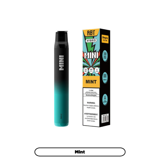 An ABT Hybrid Mini disposable vape pen in a black and teal gradient finish stands next to its matching product packaging, which features the brand name, mint flavor label, and technical specifications against a colorful graphic background.