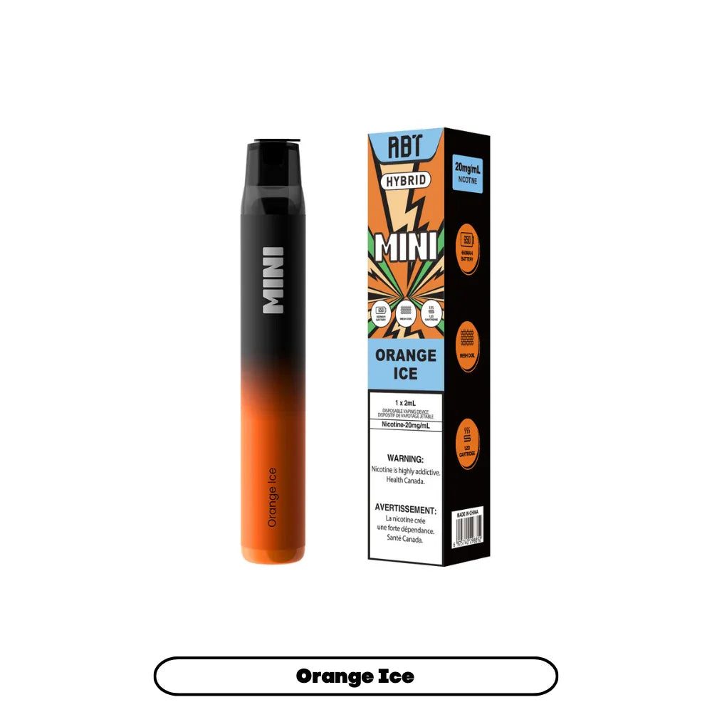 ABT Hybrid Mini Orange Ice disposable vape featuring a black and orange gradient device next to its matching retail box with Orange Ice and 20mg/mL nicotine text.