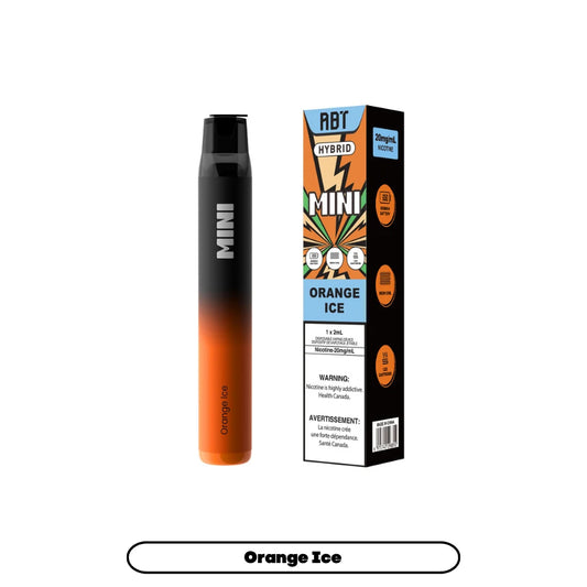 An ABT Hybrid Mini disposable vape pen in a black-to-orange gradient finish stands next to its matching orange and black packaging box, which features the flavor name Orange Ice, nicotine strength of 20mg/mL, and technical specifications like a 650mAh battery and mesh coil.