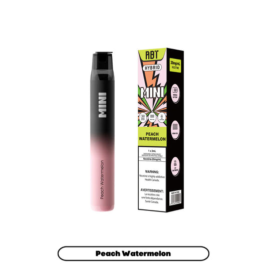A black and pink gradient ABT Hybrid Mini disposable vape pen stands next to its matching retail box, which features the flavor name Peach Watermelon, a 20mg/mL nicotine strength label, and technical specifications against a white background.