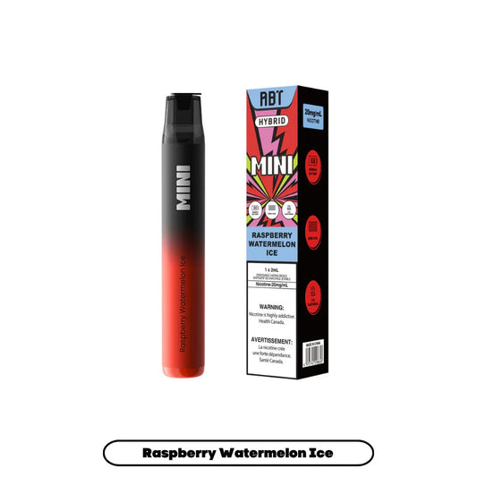 An ABT Hybrid Mini disposable vape pen in a black and red gradient finish stands next to its matching retail box, which features a vibrant graphic design and displays product details including the Raspberry Watermelon Ice flavor, 20mg/mL nicotine strength, and mandatory health warnings.