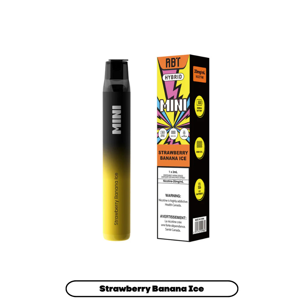 An ABT Hybrid Mini disposable vape pen in a black and yellow gradient finish stands next to its matching product box, which features a vibrant yellow, pink, and black graphic design with the flavor name Strawberry Banana Ice and nicotine strength clearly printed on the packaging.