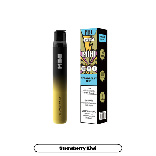 An ABT Hybrid Mini disposable vape pen in a black-to-yellow gradient finish stands next to its matching product box, which features a yellow lightning bolt graphic, the flavor name Strawberry Kiwi, and nicotine strength information.