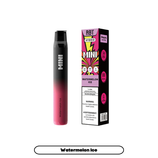 An ABT Hybrid Mini disposable vape pen in a black-to-pink gradient finish stands next to its matching rectangular packaging, which features bold yellow and pink graphics, the flavor name Watermelon Ice, and mandatory nicotine warning labels.