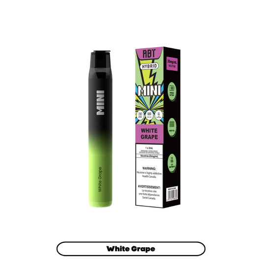 An ABT Hybrid Mini disposable vape pen in a black-to-green gradient finish stands next to its matching product box, which features a vibrant lightning bolt design, the flavor name White Grape, and nicotine strength information.
