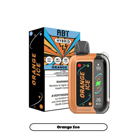 ABT Hybrid Orange Ice disposable vape device with a clear outer shell and orange casing, positioned next to its colorful retail packaging featuring a lightning bolt design.