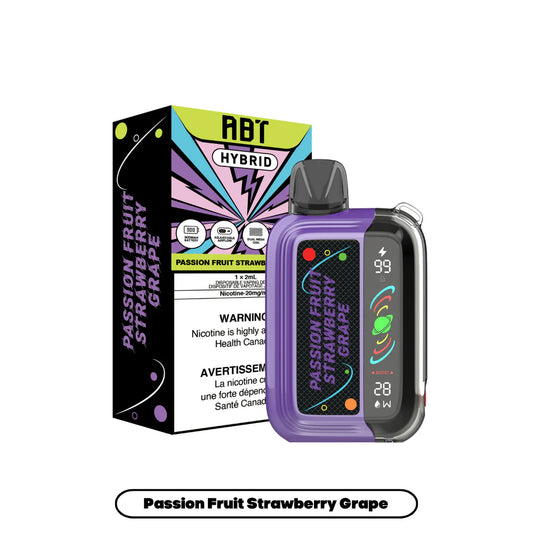 The ABT Hybrid disposable vape in Passion Fruit Strawberry Grape flavor stands next to its matching purple and black packaging, featuring a digital display screen showing battery and wattage levels, a dual mesh coil, and adjustable airflow.