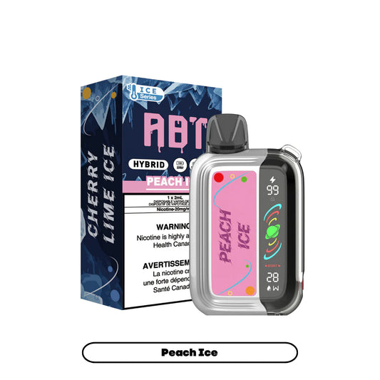 ABT Hybrid Peach Ice disposable vape device standing next to its matching blue and pink packaging box, featuring a clear plastic casing, a digital display screen showing battery and power settings, and a pink label with Peach Ice branding.