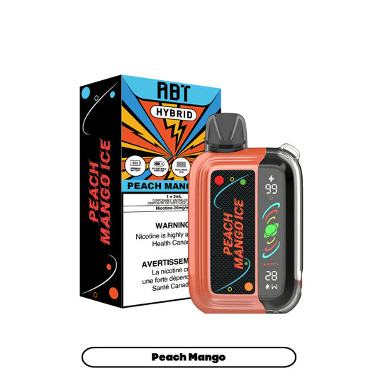 An ABT Hybrid Peach Mango Ice disposable vape device stands next to its matching orange, black, and blue retail box, featuring a digital display screen showing battery and wattage levels against a plain white background.